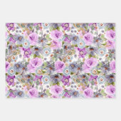 トレンディーおもしろいガーリーピンクブルーパープルフローラストライプ ラッピングペーパーシート (正面)