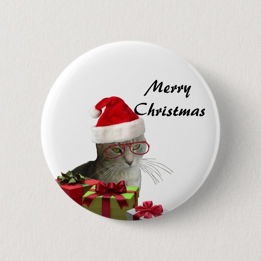 トレンディーおもしろいサンタ賢い猫クリスマス 缶バッジ (正面)