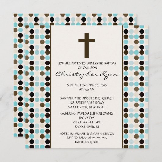 トレンディーおもしろいDOTS男の赤ちゃんバプティスマン 招待状 (正面/裏面)