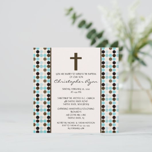 トレンディーおもしろいDOTS男の赤ちゃんバプティスマン 招待状 (スタンド正面)