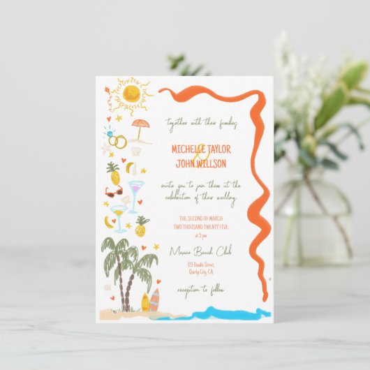 トレンディーお洒落ドードルハンドドロービーチ結婚式 招待状 (スタンド正面)