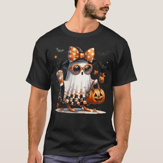 トレンディーかぼちゃ幽霊シャツ | かわいいハロウィーンファッション Tシャツ (正面)