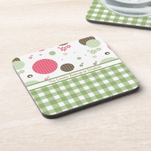 トレンディーかわいいギンガム水玉模様の名前 コースター (左側)