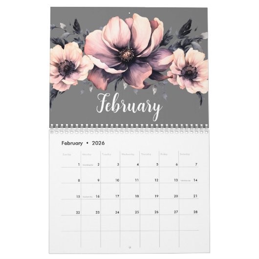 トレンディーかわいいモダンピンクブラックフローラ カレンダー (2月 2026)