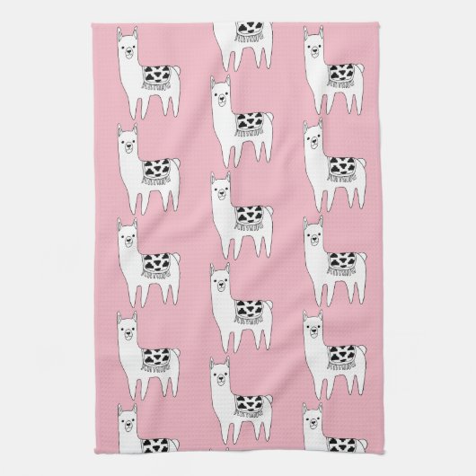 トレンディーかわいいラマスケッチ&ピンク キッチンタオル (縦)
