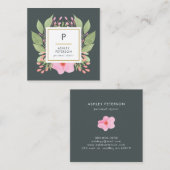 トレンディーかわいい水色ピンクの花モノグラム スクエア名刺 (正面/裏面)