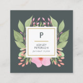 トレンディーかわいい水色ピンクの花モノグラム スクエア名刺 (正面)