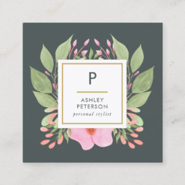 トレンディーかわいい水色ピンクの花モノグラム スクエア名刺