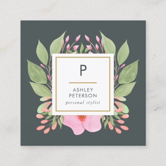 トレンディーかわいい水色ピンクの花モノグラム スクエア名刺 (正面)