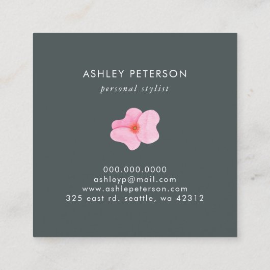 トレンディーかわいい水色ピンクの花モノグラム スクエア名刺 (裏面)