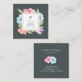 トレンディーかわいい水色ピンク金ゴールド花モノグラム スクエア名刺 (正面/裏面)