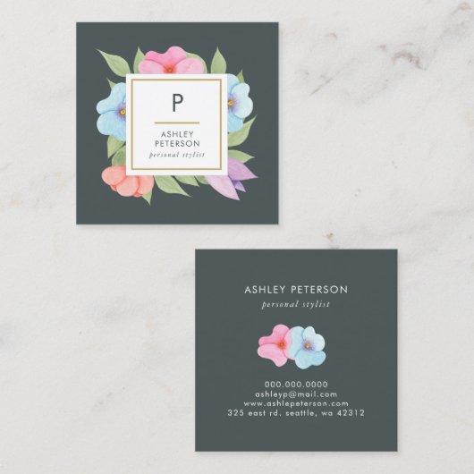 トレンディーかわいい水色ピンク金ゴールド花モノグラム スクエア名刺 (正面/裏面)