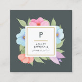 トレンディーかわいい水色ピンク金ゴールド花モノグラム スクエア名刺 (正面)