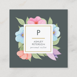 トレンディーかわいい水色ピンク金ゴールド花モノグラム スクエア名刺