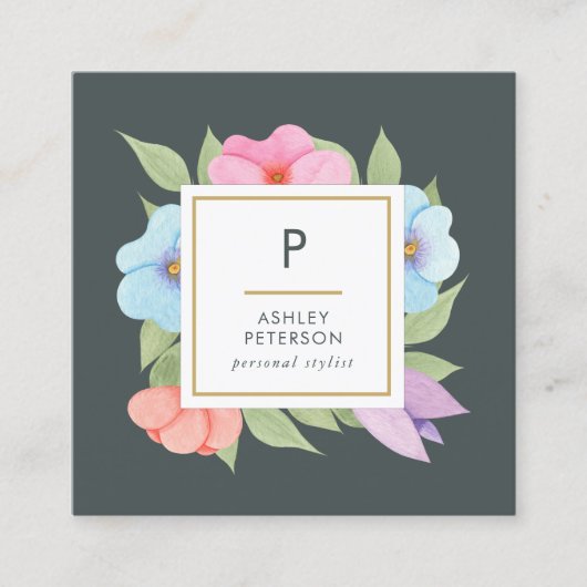 トレンディーかわいい水色ピンク金ゴールド花モノグラム スクエア名刺 (正面)