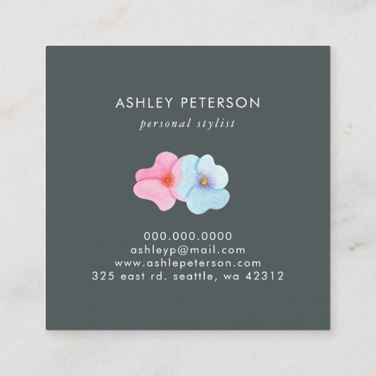 トレンディーかわいい水色ピンク金ゴールド花モノグラム スクエア名刺 (裏面)