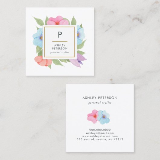 トレンディーかわいい水色ピンク金ゴールド花モノグラム スクエア名刺 (正面/裏面)