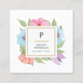 トレンディーかわいい水色ピンク金ゴールド花モノグラム スクエア名刺 (正面)