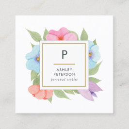 トレンディーかわいい水色ピンク金ゴールド花モノグラム スクエア名刺