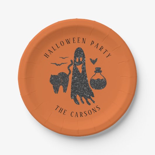 トレンディーかわいい猫幽霊毒ボトルこうもりハロウィーン ペーパープレート (正面)