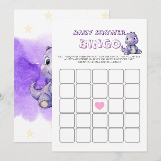 トレンディーかわいい紫色の恐竜の赤ちゃんシャワービンゴ (正面/裏面)