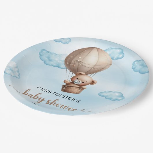 トレンディーかわいい茶色のベビーテディベア熱い気球 ペーパープレート (アングル)