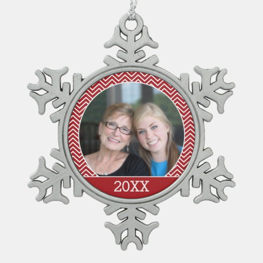 トレンディーと縁ど年カスタム付き写真 スノーフレークピューターオーナメント (正面)