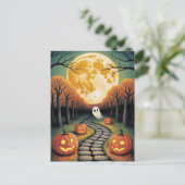 トレンディーなお化けのハロウィンパンプキンゴーストムーンの森 ポストカード (スタンド正面)