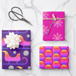 トレンディーなクリスマスの女の子らしいホットピンクのそりグリッター ラッピングペーパーシート