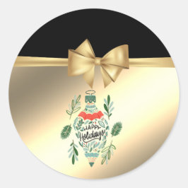トレンディーなクリスマスツリーの葉とフェイクゴールドのリボン ラウンドシール
