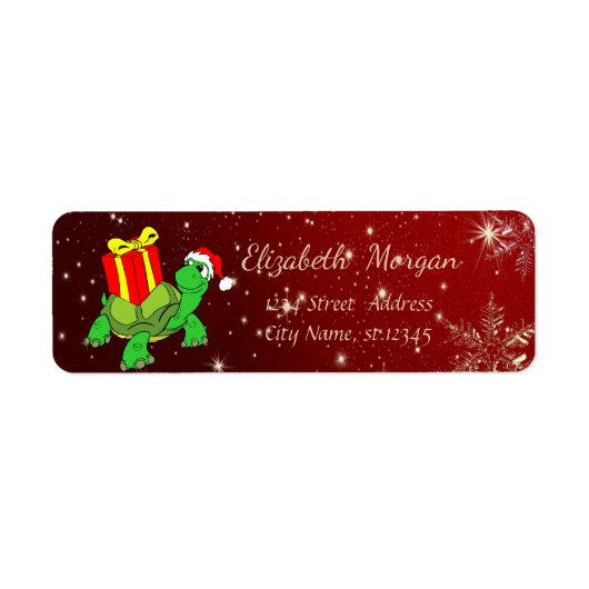 トレンディーなクリスマス、亀、サンタ帽子、プレゼント ラベル (正面)