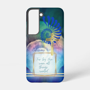 トレンディーな信仰 ブルー モーヴ オウムガイ ゴールドクロス SAMSUNG GALAXY S22ケース