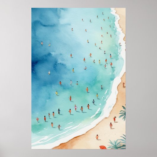 トレンディーな夏の水彩画 オーシャンビーチの波 ポスター (正面)