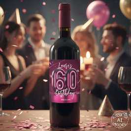 トレンディーな華やかさが漂うホットピンクのネオンで祝う60歳の誕生日 ワインラベル