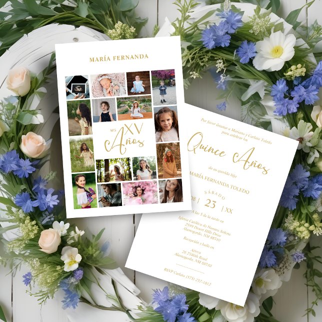トレンディーな16枚のコラージュ タイムライン 人生のXV歳の記念 (rendy Collage 15 Años 16 Photos Spanish Quinceañera Timeline Life Invitations Cards.)