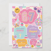 トレンディーな6歳から7歳の誕生日: グルービーチェック柄の虹 招待状 (正面)