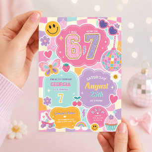 トレンディーな6歳から7歳の誕生日: グルービーチェック柄の虹 招待状