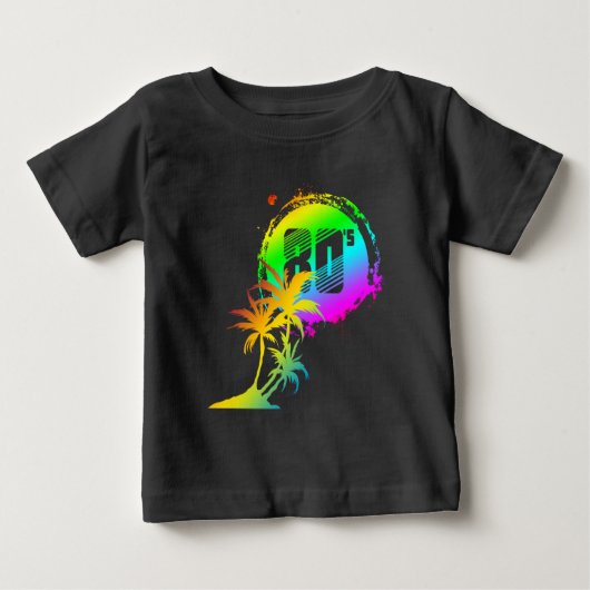 トレンディーな80年代の夕日とヤシの木 ベビーTシャツ (正面)