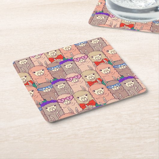 トレンディーによって服を着せられるラマパターン スクエアペーパーコースター (アングル)