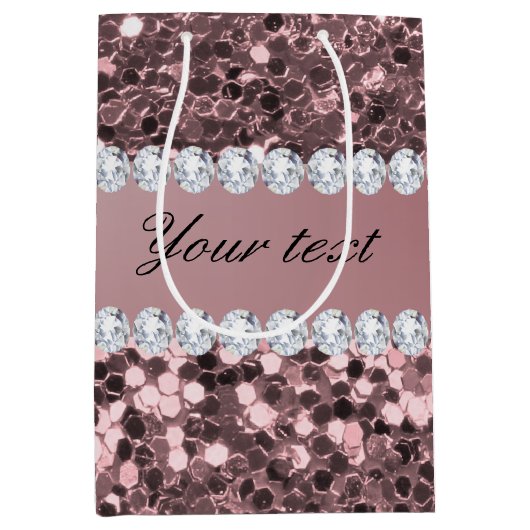 トレンディーのばら色の金ゴールドのフェイクなグリッターおよびダイヤモンド ミディアムペーパーバッグ (正面)