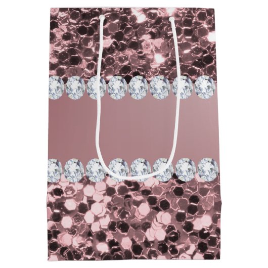 トレンディーのばら色の金ゴールドのフェイクなグリッターおよびダイヤモンド ミディアムペーパーバッグ (裏面)