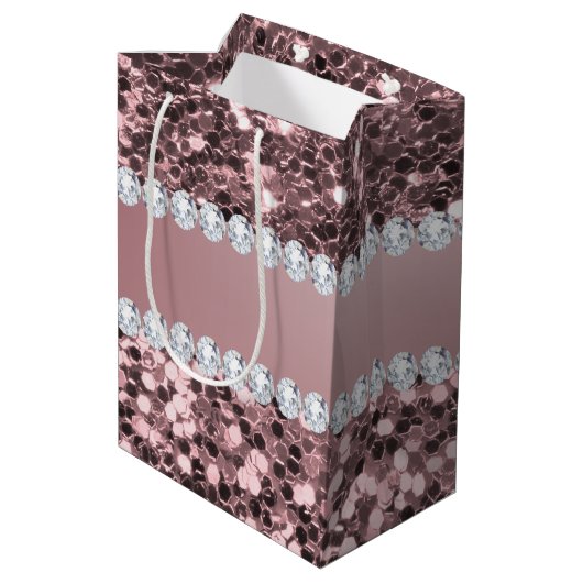 トレンディーのばら色の金ゴールドのフェイクなグリッターおよびダイヤモンド ミディアムペーパーバッグ (裏面アングル)