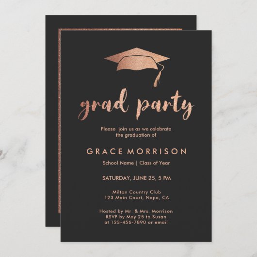 トレンディーのばら色の金ゴールドの卒業パーティーの写真の招待状 招待状 (正面/裏面)