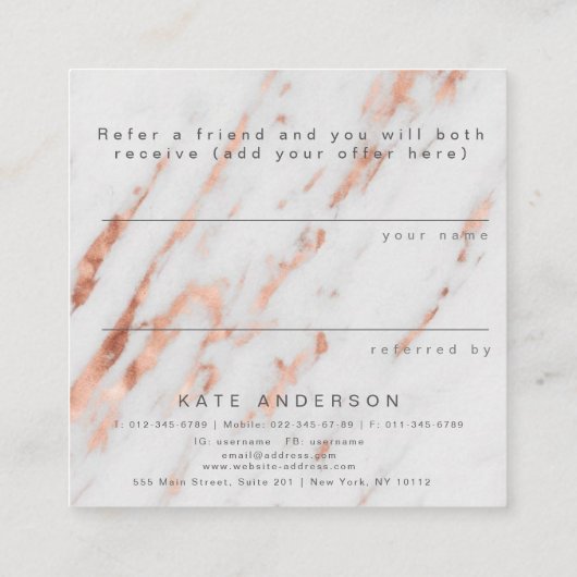 トレンディーのばら色の金ゴールドの銀の大理石の紹介の顧客 スクエア名刺 (裏面)