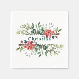 トレンディーの冬の離れ緑の花と赤 スタンダードカクテルナプキン