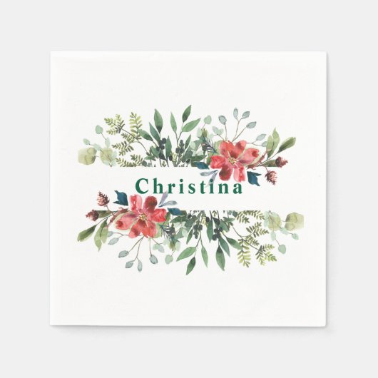 トレンディーの冬の離れ緑の花と赤 スタンダードカクテルナプキン (正面)