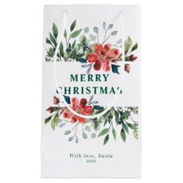 トレンディーの冬の離れ緑の花と赤 スモールペーパーバッグ