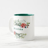 トレンディーの冬の離れ緑の花と赤 ツートーンマグカップ (正面左)