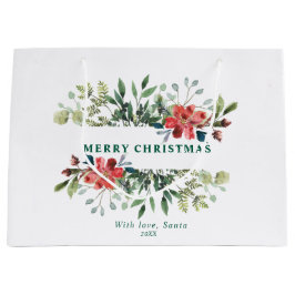 トレンディーの冬の離れ緑の花と赤 ラージペーパーバッグ