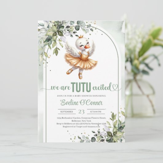 トレンディーの小さな白鳥と金ゴールドツチュドドレス緑 招待状 (スタンド正面)